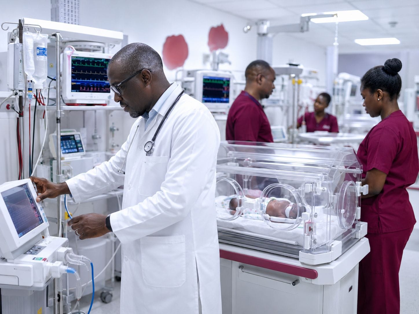 Black Nigerian neonatal doctors and nurses working in an advanced NICU facility at NeoLife Babies Hospital Kano