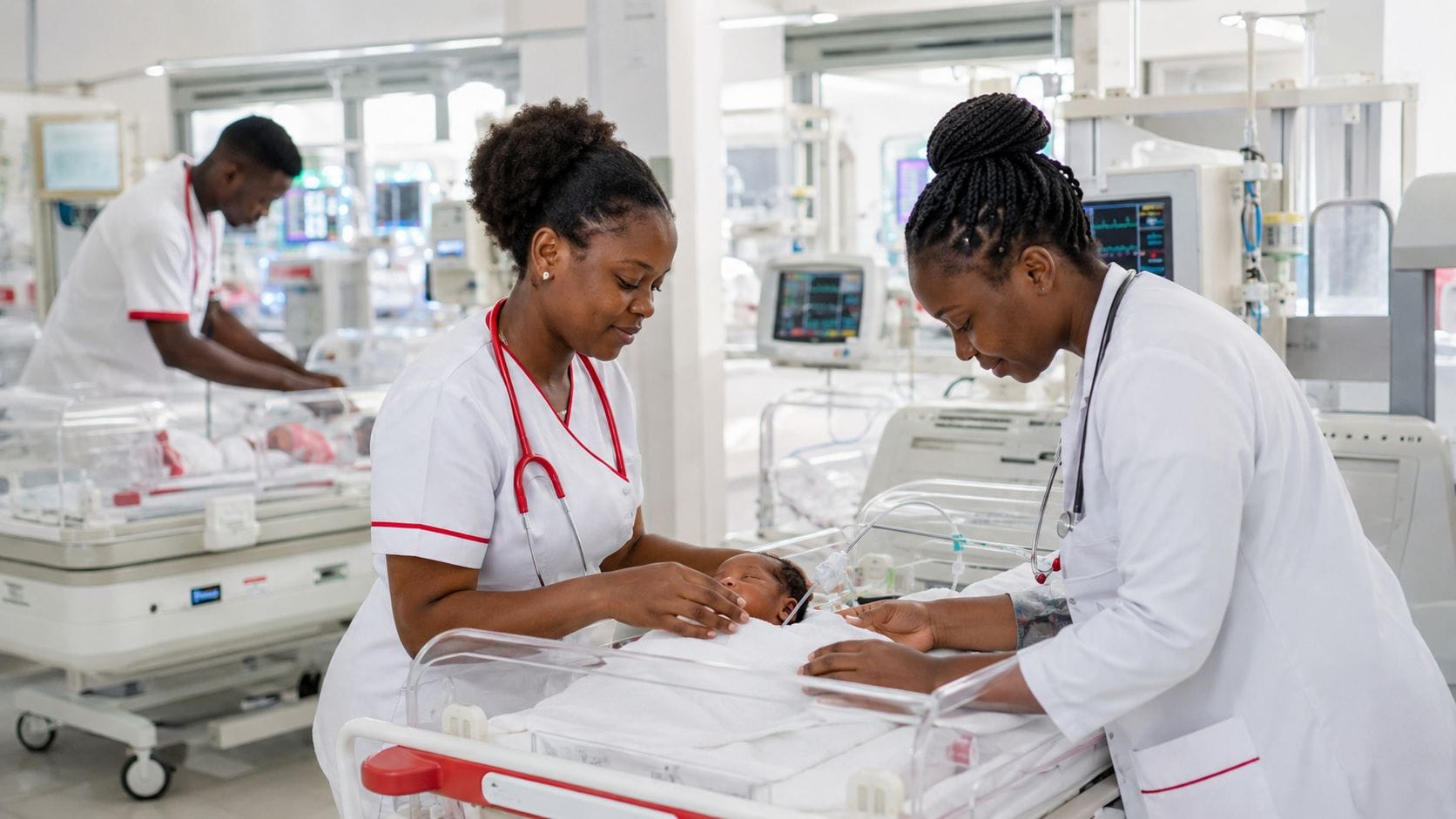Black Nigerian neonatal care team supporting newborn babies in a modern hospital NICU at NeoLife Babies Hospital Kano
